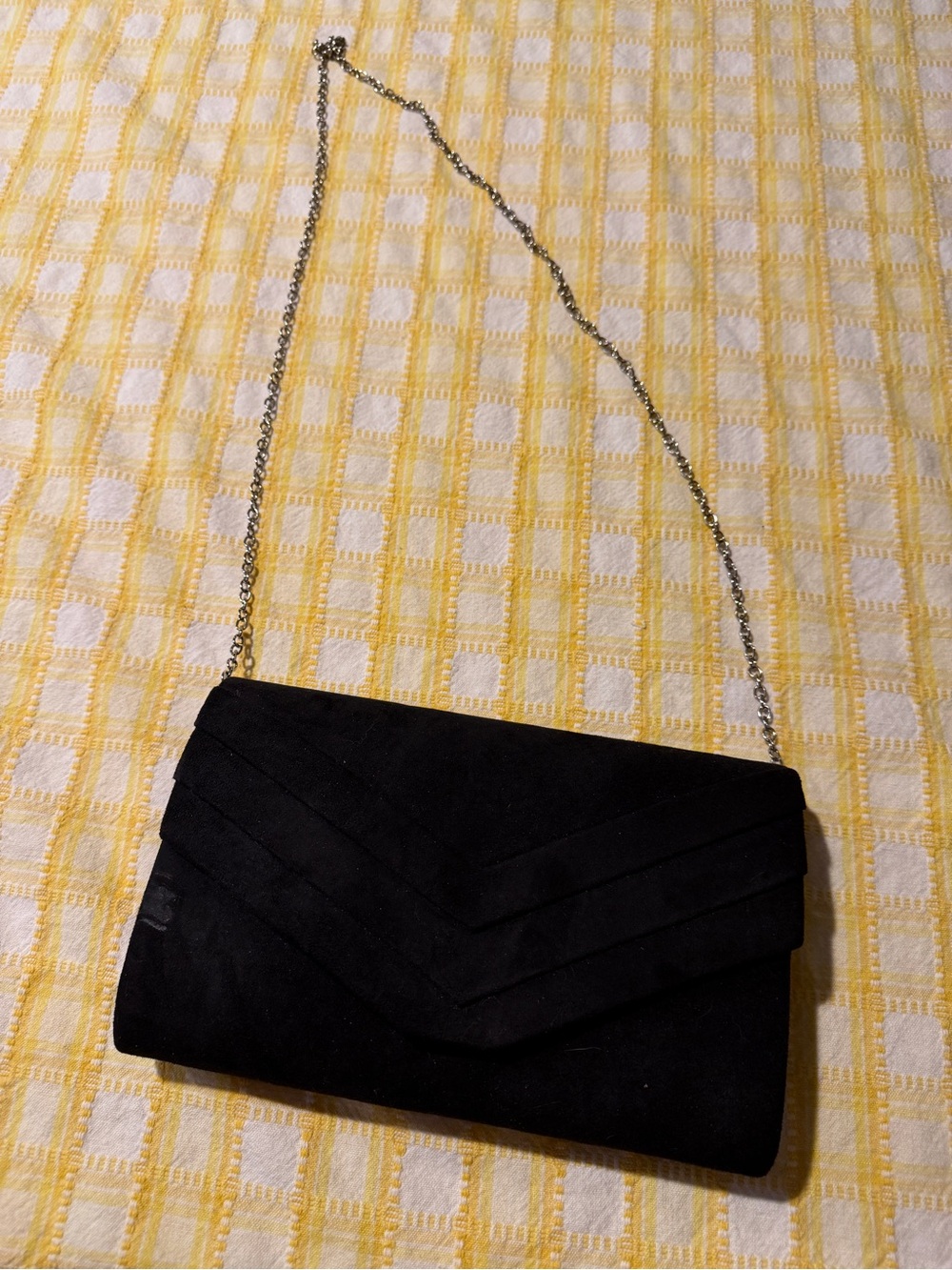 Black Suede Chevron Evening Clutch with Chain Strap